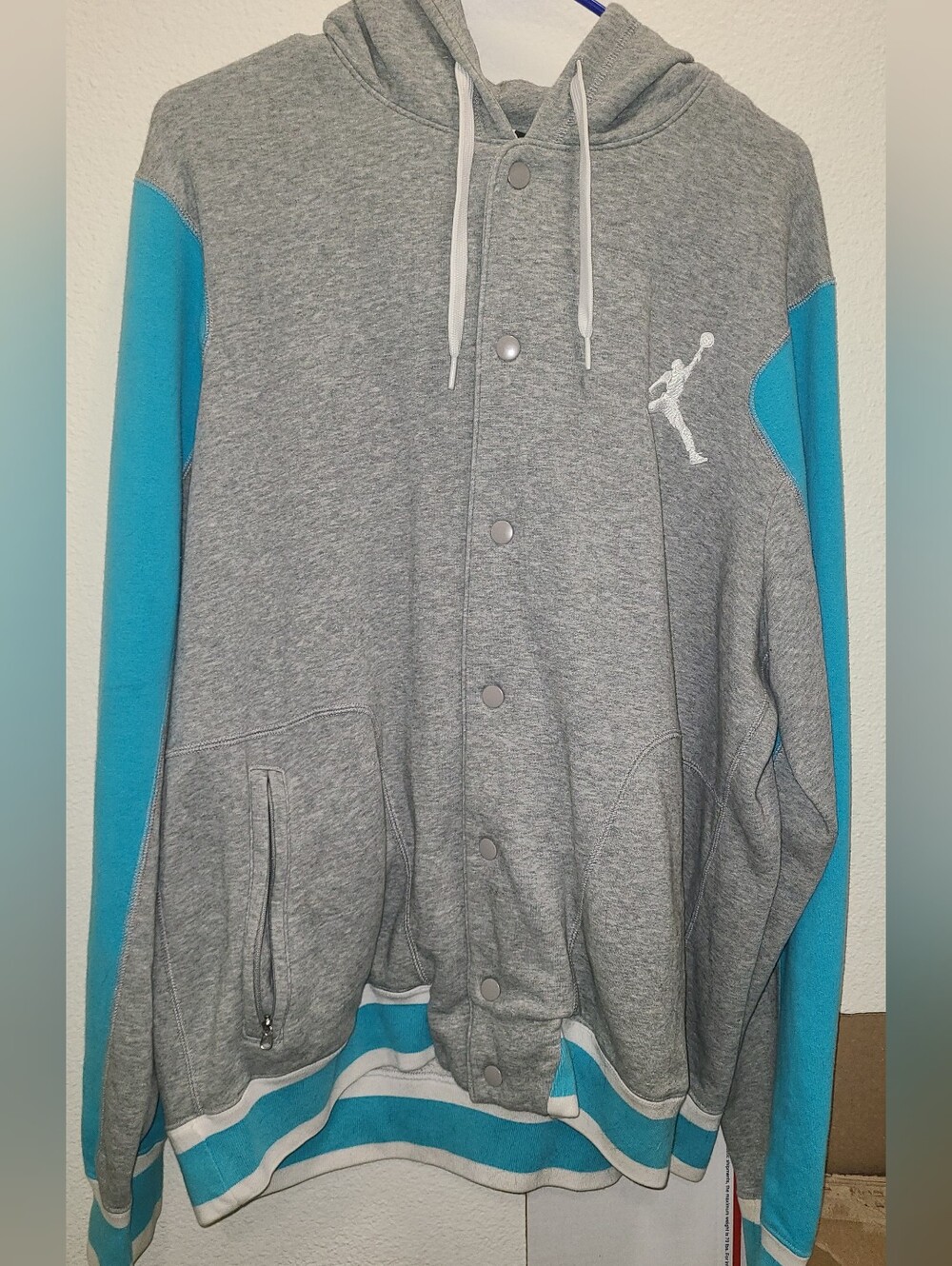 Men's Gray & Teal Hooded Varsity Jacket